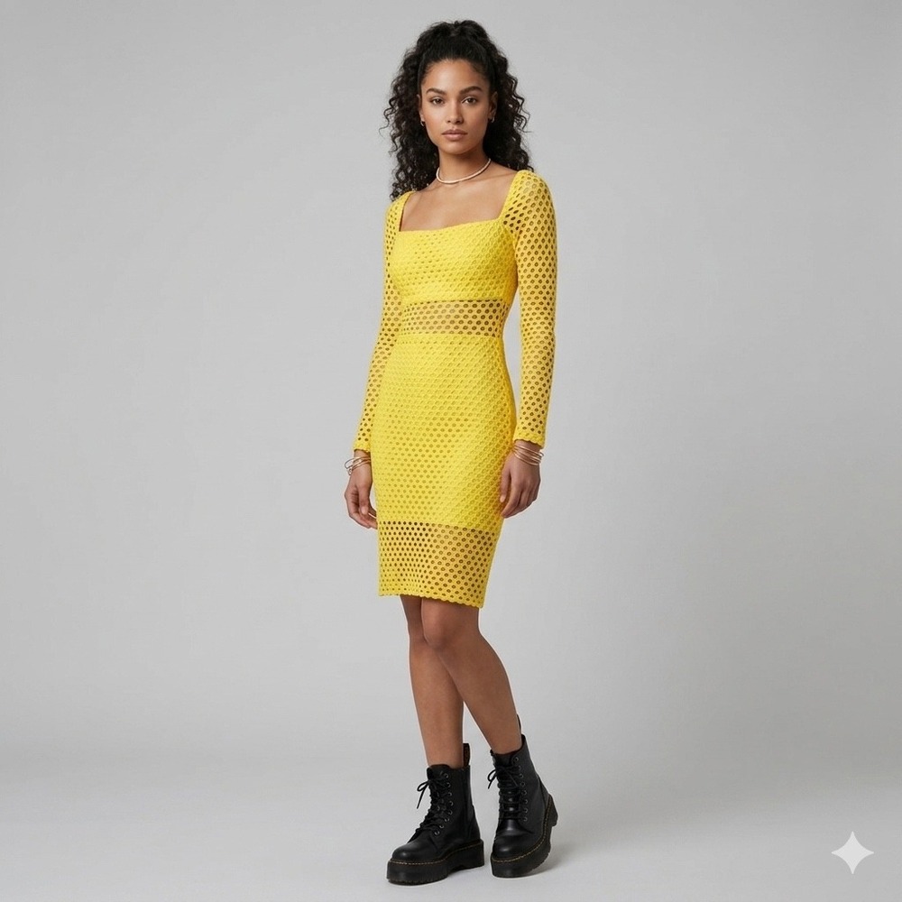 Hot Miami Styles Dress Womens L Yellow Crochet Lace Bodycon Summer Sexy Festival